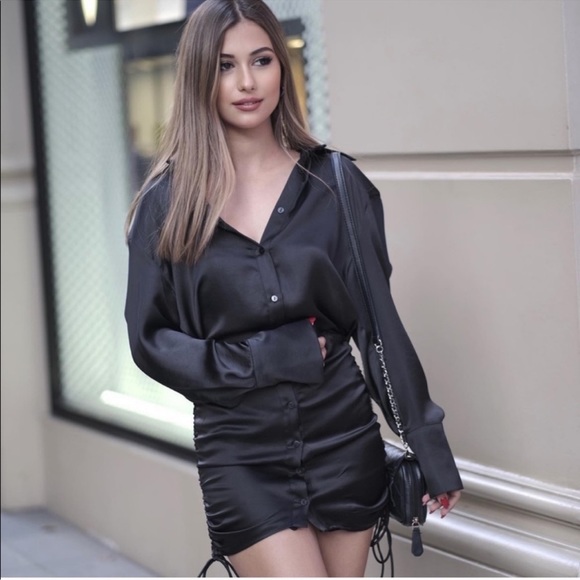 Zara Satin Shirt Mini Dress Black Blogger’s Favorite - Picture 2 of 16